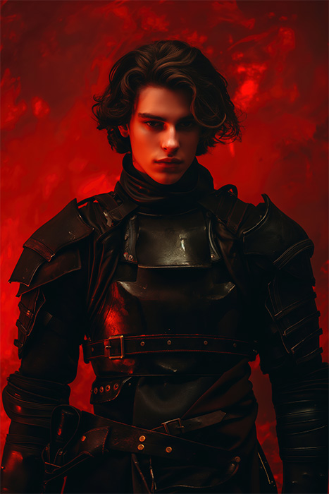 product-image-2-3 Paul Atreides from Dune, wearing black medieval armour, standing against a vivid red, smoky background. Wall art print available in A1 to A4 sizes.