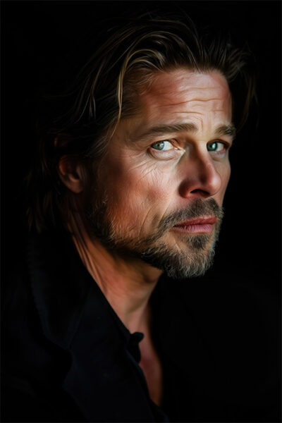 A portrait of Brad Pitt with light eyes, light brown hair, and a short beard, looking sideways into the camera against a dark background. Wall art print available in A1 to A4 sizes.