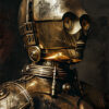 A weathered humanoid robot with a metallic, gold-colored exterior and round eyes—reminiscent of classic Star Wars droids—stands against a dark, textured background, evoking the era of Obi-Wan Kenobi. Fantasy art poster available in A1 to A4 sizes.