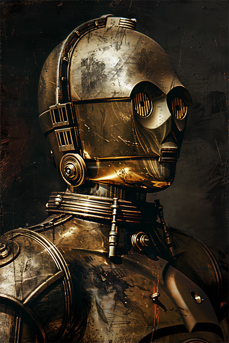 A weathered humanoid robot with a metallic, gold-colored exterior and round eyes—reminiscent of classic Star Wars droids—stands against a dark, textured background, evoking the era of Obi-Wan Kenobi. Fantasy art poster available in A1 to A4 sizes.