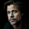 Brad Pitt with short, styled hair and a trimmed beard looks directly at the camera against a dark background. Wall art print available in A1 to A4 sizes.