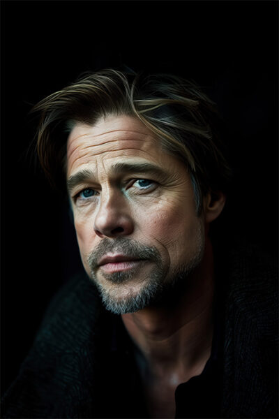 Brad Pitt with short, styled hair and a trimmed beard looks directly at the camera against a dark background. Wall art print available in A1 to A4 sizes.