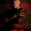 A poster features Freddy Krueger—a man with a burned face, wearing a fedora, red and green sweater, and glove with knives—standing with arms crossed. Text reads A Nightmare on Elm Street. Wall art print available in A1 to A4 sizes.