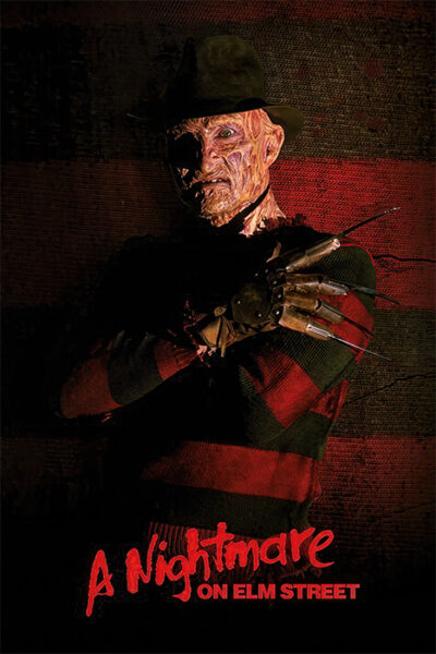 A poster features Freddy Krueger—a man with a burned face, wearing a fedora, red and green sweater, and glove with knives—standing with arms crossed. Text reads A Nightmare on Elm Street. Wall art print available in A1 to A4 sizes.