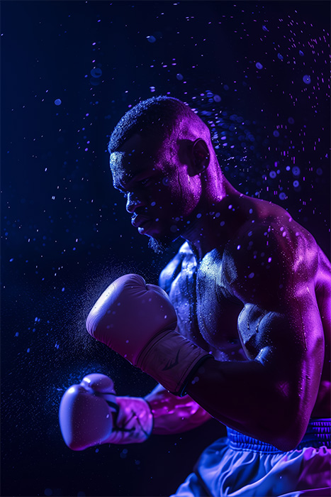 A male boxer wearing gloves is captured mid-punch, with water droplets in the air against a dark, dramatic background lit by purple and blue lighting. Poster print available in A1 to A4 sizes.