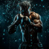 A male boxer in black shorts is in a fighting stance, with water droplets splashing around him against a dark background. Poster print available in A1 to A4 sizes.
