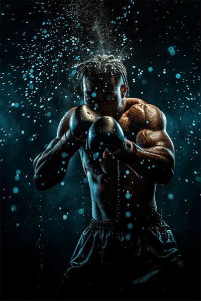 A male boxer in black shorts is in a fighting stance, with water droplets splashing around him against a dark background. Poster print available in A1 to A4 sizes.