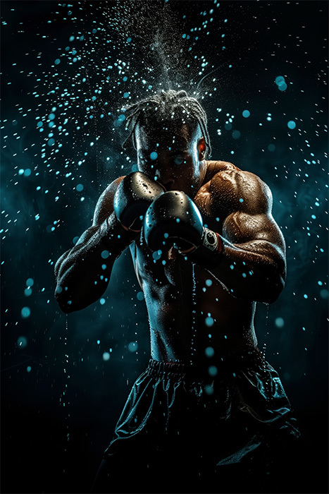 product-image-2-3 A male boxer in black shorts is in a fighting stance, with water droplets splashing around him against a dark background. Poster print available in A1 to A4 sizes.
