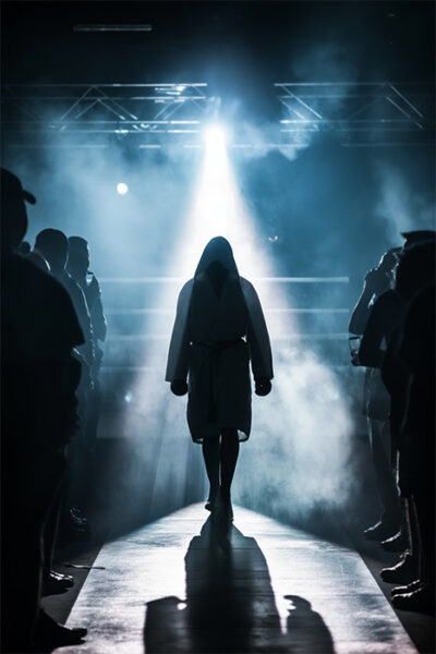 A person in a hooded robe walks toward a boxing ring, illuminated by a spotlight, with onlookers standing on either side in a smoky, dimly lit arena. Poster print available in A1 to A4 sizes.