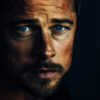 A close-up portrait of Brad Pitt, with blue eyes, light facial hair, and a serious expression, set against a dark background. Wall art print available in A1 to A4 sizes.