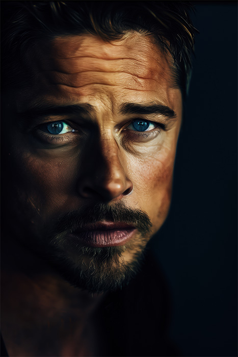 A close-up portrait of Brad Pitt, with blue eyes, light facial hair, and a serious expression, set against a dark background. Wall art print available in A1 to A4 sizes.