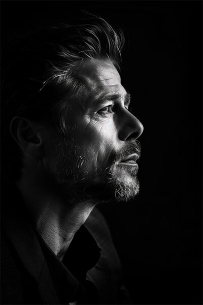 Black and white side profile portrait of Brad Pitt, the acclaimed actor, with short hair and a beard, looking thoughtfully into the distance against a dark background. Wall art print available in A1 to A4 sizes.