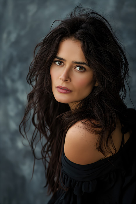 product-image-2-3 Portrait of Salma Hayek with long wavy dark hair and neutral expression, wearing an off-the-shoulder black top, posing against a mottled grey background. Wall art print available in A1 to A4 sizes.
