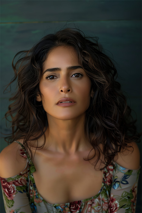 product-image-2-3 Portrait of Salma Hayek, with wavy dark hair, wearing a floral off-shoulder top as she looks directly at the camera against a dark green background. Wall art print available in A1 to A4 sizes.