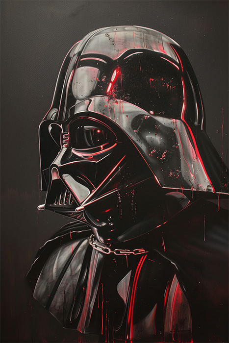 A glossy black helmet and mask with red highlights, inspired by Darth Vader from Star Wars, set against a dark background with red streaks and drips. Fantasy art poster available in A1 to A4 sizes.