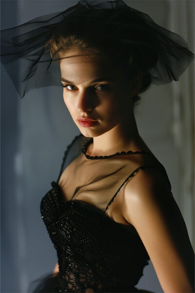 Natalie Portman poses under dramatic lighting in a black mesh dress and veil, looking toward the camera with a neutral expression in this striking portrait. Wall art print available in A1 to A4 sizes.