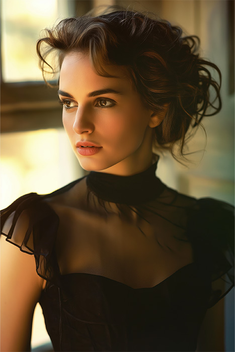 product-image-2-3 A Portrait of Natalie Portman. with wavy brown hair in an updo, wearing a sheer black dress, looks out of a window with soft light illuminating her face. Wall art print available in A1 to A4 sizes.