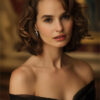 A portrait of Natalie Portman, with short, wavy brown hair in an off-the-shoulder black dress, gazing at the camera against a blurred, elegant background. Wall art print available in A1 to A4 sizes.