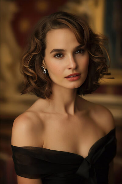 A portrait of Natalie Portman, with short, wavy brown hair in an off-the-shoulder black dress, gazing at the camera against a blurred, elegant background. Wall art print available in A1 to A4 sizes.