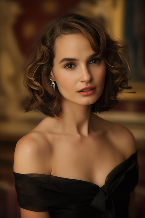 product-image-2-3 A portrait of Natalie Portman, with short, wavy brown hair in an off-the-shoulder black dress, gazing at the camera against a blurred, elegant background. Wall art print available in A1 to A4 sizes.