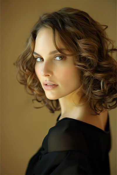 Natalie Portman, with light skin and wavy brown hair, looks at the camera in this striking portrait, wearing a black top and posing against a neutral background. Wall art print available in A1 to A4 sizes.