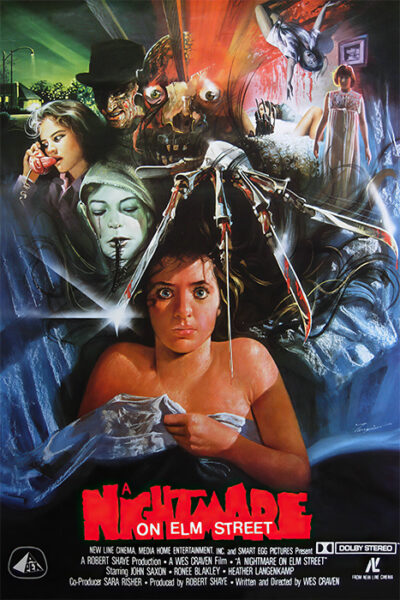 A terrified woman lies in bed as clawed hands loom above her, engulfed by surreal horrors; text reads A Nightmare On Elm Street. This striking 1984 poster captures the chilling essence of the film. Wall art print available in A1 to A4 sizes.