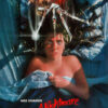 A terrified woman lies in bed under a white sheet as a monstrous clawed hand and sinister face loom above her in this chilling A Nightmare On Elm Street 1984 poster. The movie title and credits are displayed at the bottom. Wall art print available in A1 to A4 sizes.