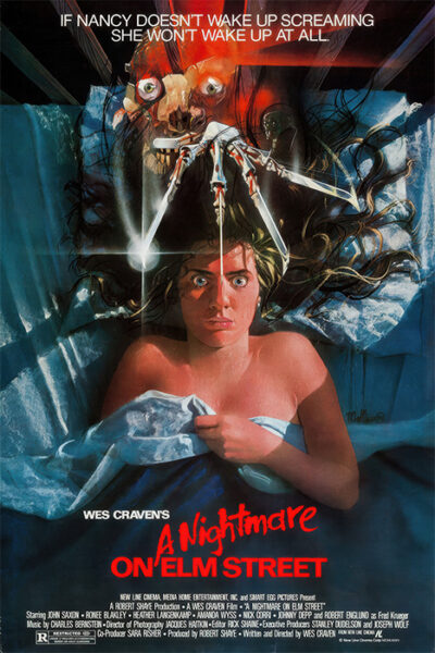A terrified woman lies in bed under a white sheet as a monstrous clawed hand and sinister face loom above her in this chilling A Nightmare On Elm Street 1984 poster. The movie title and credits are displayed at the bottom. Wall art print available in A1 to A4 sizes.