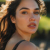 A portrait of Gal Gadot with long brown hair and subtle makeup, looking over her shoulder outdoors, sunlight highlighting her face and hair. Wall art print available in A1 to A4 sizes.
