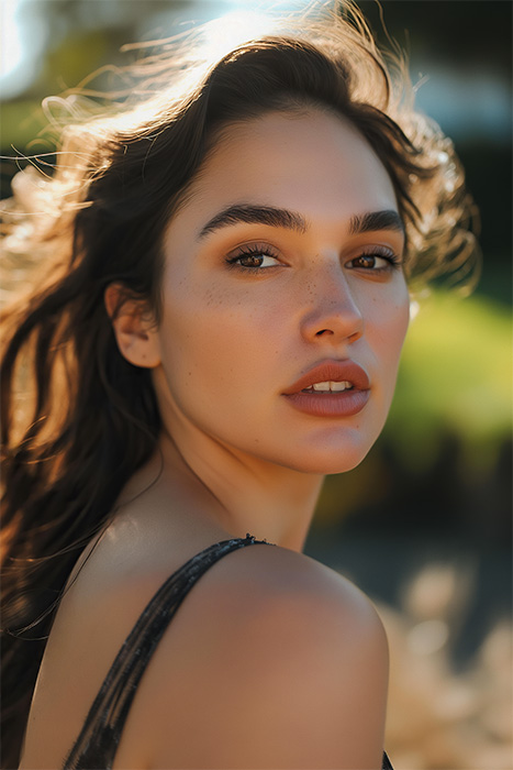 product-image-2-3 A portrait of Gal Gadot with long brown hair and subtle makeup, looking over her shoulder outdoors, sunlight highlighting her face and hair. Wall art print available in A1 to A4 sizes.