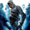 A hooded figure in medieval assassin attire stands among blurred, shadowy figures. The title Assassins Creed appears at the top, creating a striking gaming poster. Prints available in A1 to A4 sizes.