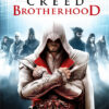 Poster-style video game cover art for Assassins Creed Brotherhood features a hooded character in white robes, arms crossed, with several figures standing in the background. Gaming poster available in A1 to A4 sizes.