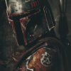 A person in weathered Mandalorian armour, reminiscent of Boba Fett from Star Wars, with a dented helmet and an Imperial insignia on their shoulder, stands against a dark background. Fantasy art poster available in A1 to A4 sizes.