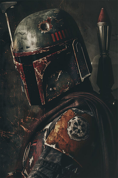 A person in weathered Mandalorian armour, reminiscent of Boba Fett from Star Wars, with a dented helmet and an Imperial insignia on their shoulder, stands against a dark background. Fantasy art poster available in A1 to A4 sizes.
