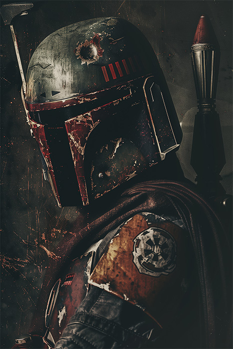 A person in weathered Mandalorian armour, reminiscent of Boba Fett from Star Wars, with a dented helmet and an Imperial insignia on their shoulder, stands against a dark background. Fantasy art poster available in A1 to A4 sizes.