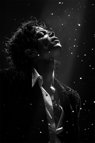 Pop icon Michael Jackson in a partially unbuttoned shirt and jacket stands under dramatic lighting with water droplets floating in the air, head tilted back and eyes closed. Striking black and white image. Wall art print available in A1 to A4 sizes.