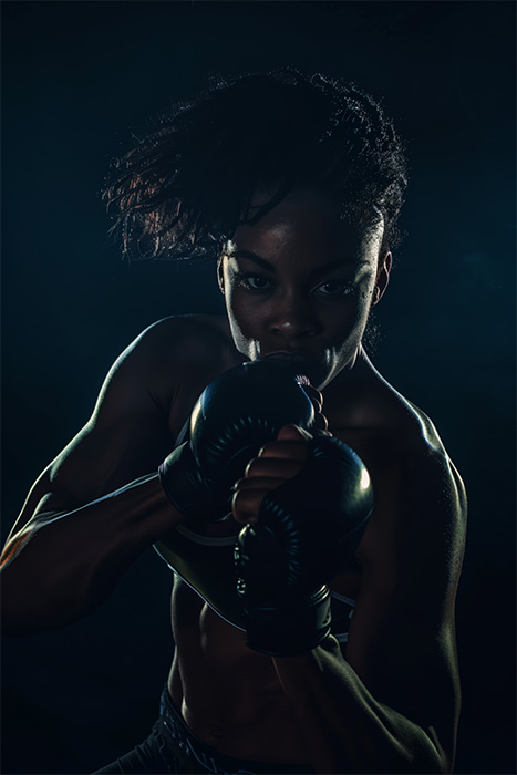 product-image-2-3 A woman wearing boxing gloves poses in a fighting stance against a dark background, illuminated by dramatic lighting. Poster print available in A1 to A4 sizes.