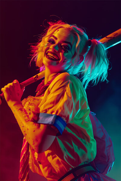 Harley Quinn, with pigtails and face paint, smiling and holding a baseball bat over her shoulder under dramatic lighting. Inspired by the iconic DC Comics character. Fantasy art poster available in A1 to A4 sizes.