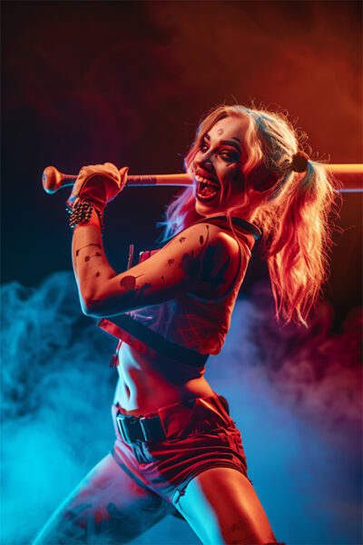 Harley Quinn, in a red and blue costume with pigtails, holds a baseball bat over her shoulder, standing in dramatic lighting as coloured smoke swirls in the background. Fantasy art poster available in A1 to A4 sizes.