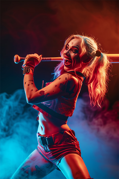 product-image-2-3 Harley Quinn, in a red and blue costume with pigtails, holds a baseball bat over her shoulder, standing in dramatic lighting as coloured smoke swirls in the background. Fantasy art poster available in A1 to A4 sizes.