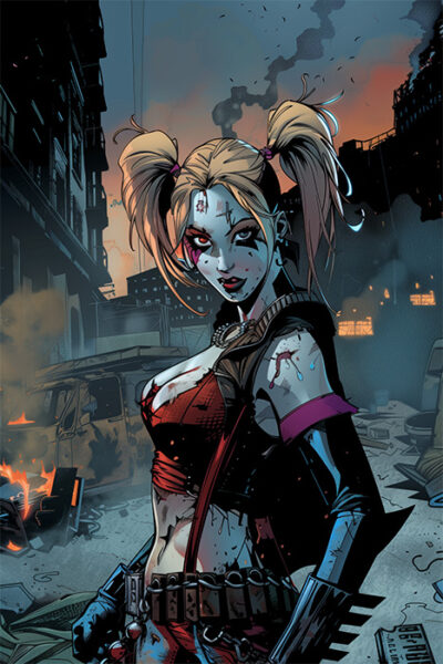 Harley Quinn, with blonde pigtails and smeared makeup, stands in a dark, destroyed city street with burning debris and abandoned vehicles in the background. Fantasy art poster available in A1 to A4 sizes.