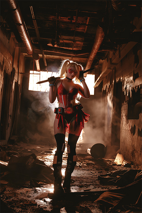 product-image-2-3 Harley Quinn stands in a dimly lit, abandoned hallway holding a bat over her shoulder. Fantasy art poster available in A1 to A4 sizes.