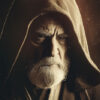 Elderly man with a white beard wears a hooded robe, looking downward with a serious expression. Warm lighting highlights his face and textured clothing, evoking the wise presence of Obi-Wan Kenobi from Star Wars. Fantasy art poster available in A1 to A4 sizes.