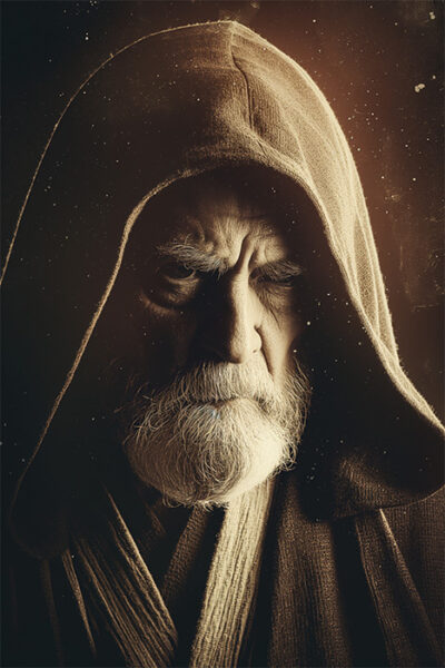 Elderly man with a white beard wears a hooded robe, looking downward with a serious expression. Warm lighting highlights his face and textured clothing, evoking the wise presence of Obi-Wan Kenobi from Star Wars. Fantasy art poster available in A1 to A4 sizes.