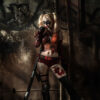Harley Quinn, by DC Comics, stands in front of a distressed, graffiti-covered wall, bat ready, with dramatic lighting casting strong shadows. Fantasy art poster available in A1 to A4 sizes.