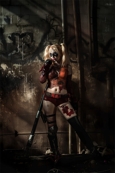Harley Quinn, by DC Comics, stands in front of a distressed, graffiti-covered wall, bat ready, with dramatic lighting casting strong shadows. Fantasy art poster available in A1 to A4 sizes.
