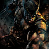 Comic-style illustration poster of Wolverine lunging forward with claws extended, set against a dark, dramatic background. A1 to A4 print sizes.