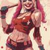 Illustration of a woman with pink pigtails, holding a baseball bat, wearing a red crop top, star-spangled shorts, and gloves; inspired by Harley Quinn from DC Comics, with red splatters in the background. Fantasy art poster available in A1 to A4 sizes.