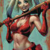 Dressed as Harley Quinn, a woman in a red costume with pigtails holds a baseball bat over her shoulders, standing against a blue background with red comic-style splatters. Fantasy art poster available in A1 to A4 sizes.