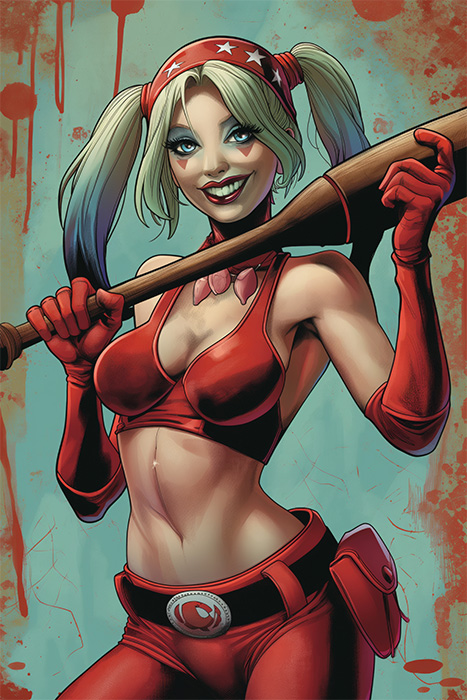 product-image-2-3 Dressed as Harley Quinn, a woman in a red costume with pigtails holds a baseball bat over her shoulders, standing against a blue background with red comic-style splatters. Fantasy art poster available in A1 to A4 sizes.
